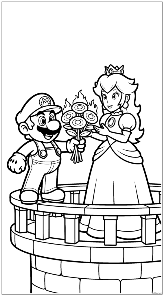 Mario presenteert een boeket vuurbloemen aan prinses Peach op haar kasteelbalkon