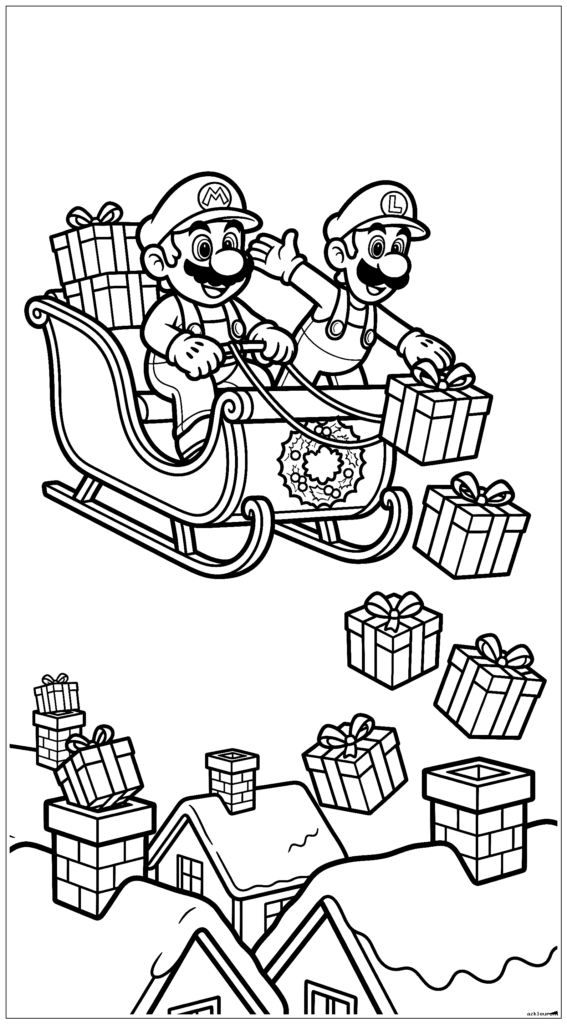 Mario rijdt in de slee van de Kerstman terwijl Luigi cadeautjes door de schoorstenen gooit
