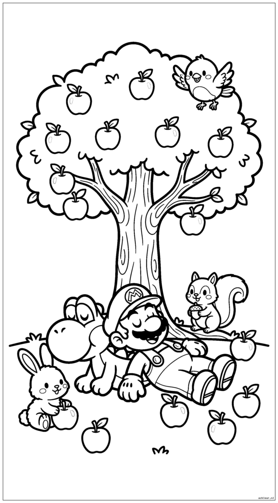 Mario slaapt tegen Yoshi onder een appelboom met omgevallen vruchten eromheen