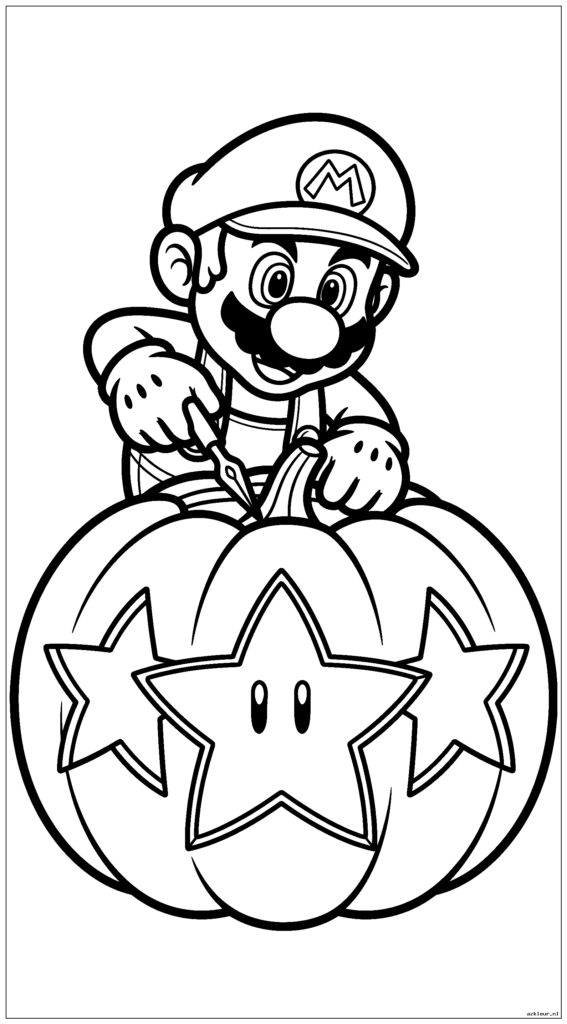 Mario snijdt een Super Star-ontwerp uit in een gigantische pompoen