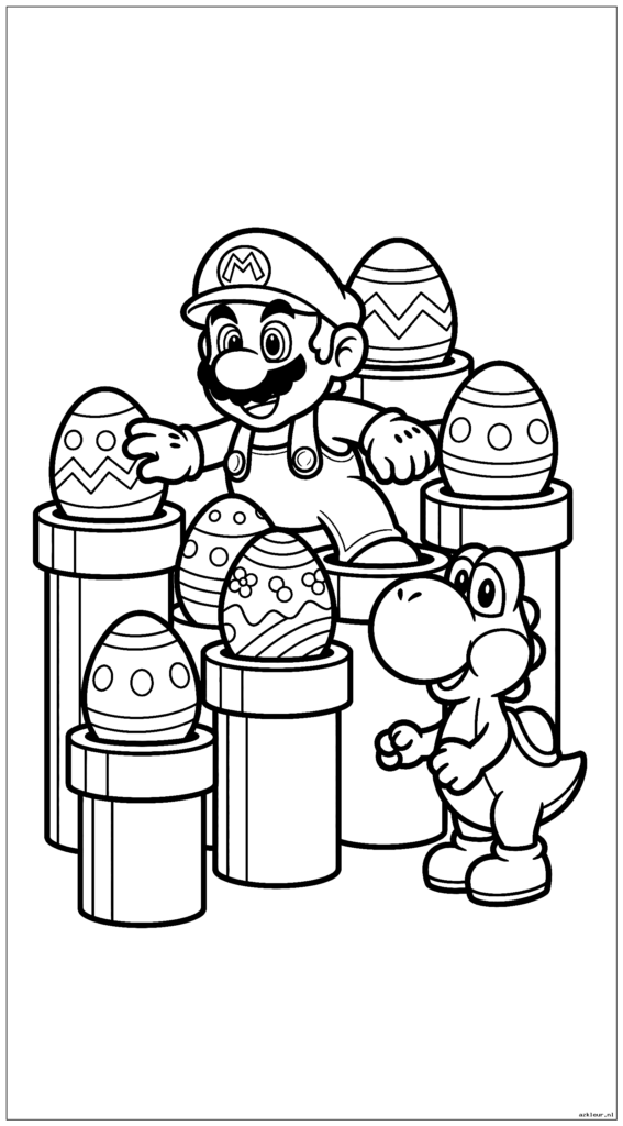 Mario verbergt gigantische paaseieren achter warppijpen terwijl Yoshi toekijkt