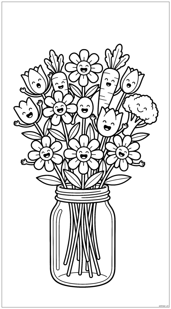 Mason jar boeket met madeliefjes en tulpen die een koor zingen