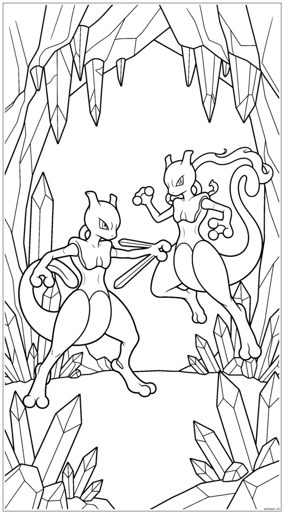 Mega Mewtwo X en Y tegenover elkaar in een vechtsporthouding in een kristallen grot
