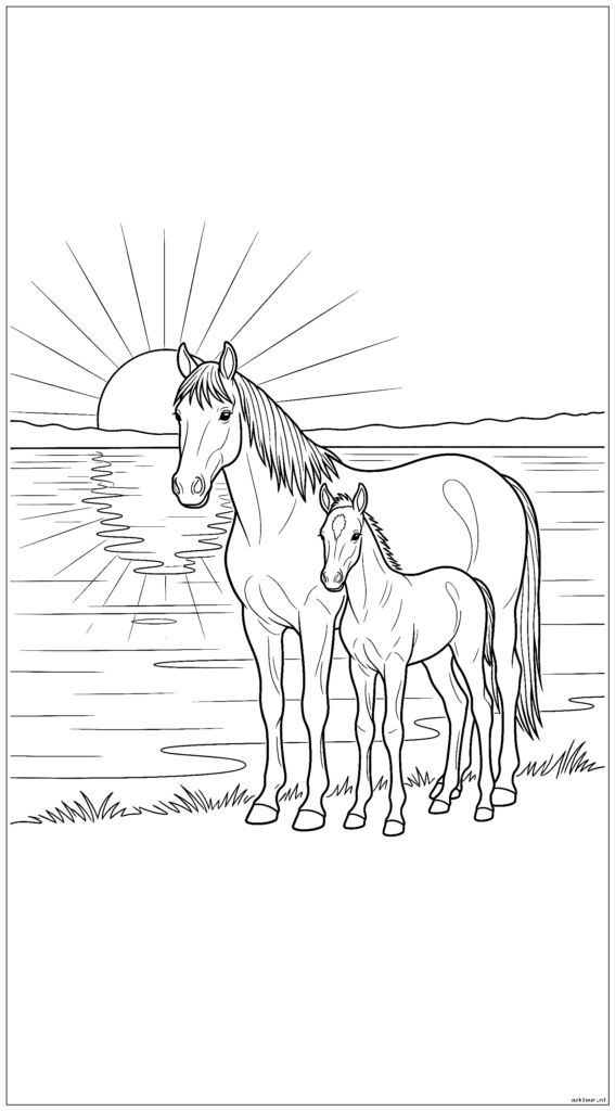 Merrie en veulen staan ​​vredig bij een meer dat de ondergaande zon weerspiegelt