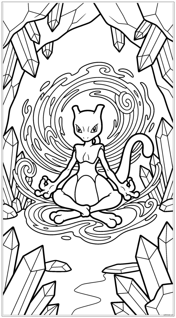 Mewtwo mediteert in een kristallen grot terwijl de psychische energie wervelt