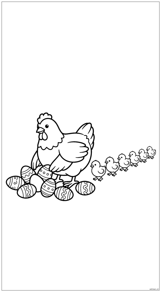 Moederkip verzamelt paaseieren terwijl de kuikens in een rij volgen