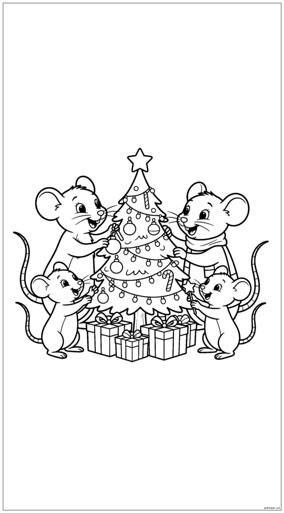 Muizenfamilie versiert hun kleine kerstboom met miniatuurcadeautjes eronder