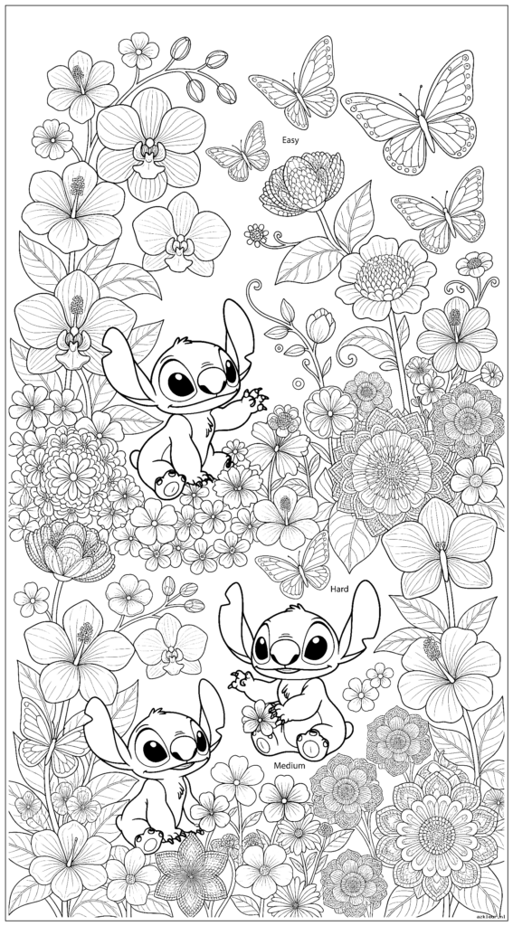 Naai een gedetailleerd tuintafereel met gedetailleerde bloemen en vlinders