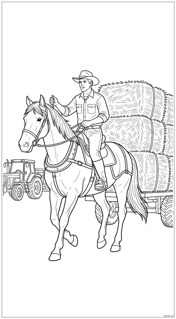 Paard en ruiter helpen hooibalen te dragen op de boerderij met tractor op de achtergrond