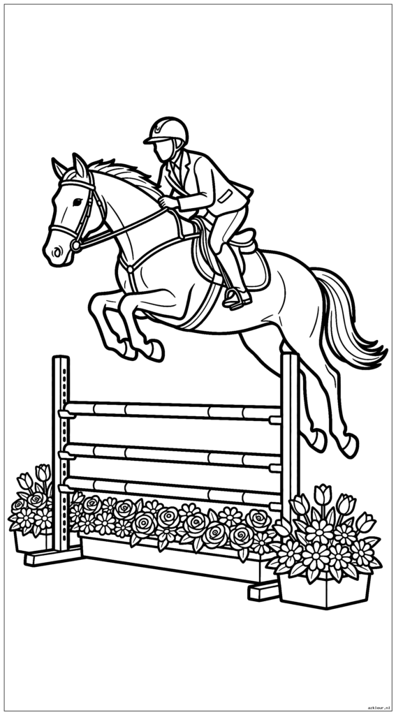 Paard en ruiter maken een hoge verticale sprong vrij met decoratieve bloembakken eronder