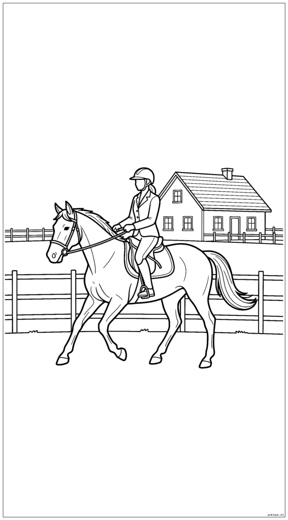 Paard en ruiter oefenen in een omheinde paddock met boerderij op de achtergrond