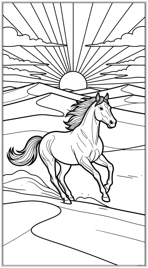 Paard galoppeert door woestijnzandduinen met dramatische zonsondergang