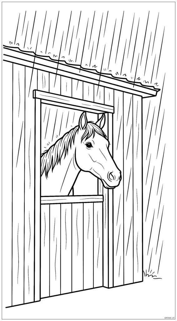 Paard gluurt uit stalraam en kijkt naar de regen buiten