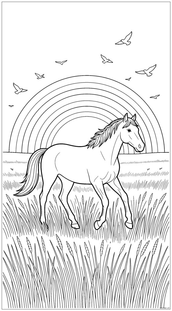 Paard loopt door een veld met hoog gras met vogels die in de zonsonderganghemel vliegen