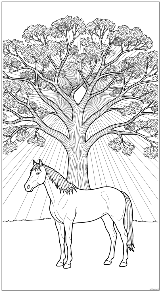 Paard staat onder een grote eik terwijl zonnestralen door de takken filteren