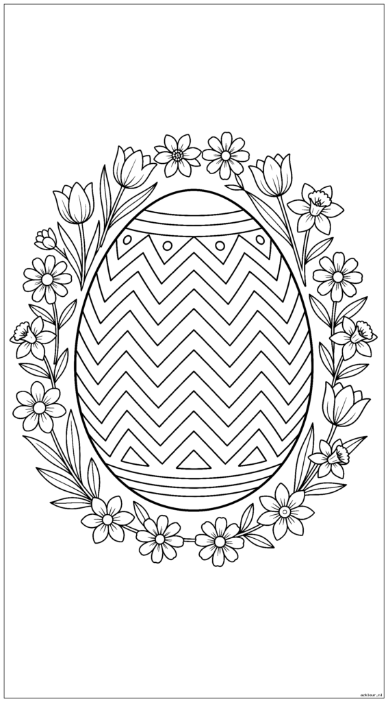 Paasei met geometrische zigzagpatronen en lentebloemenranden