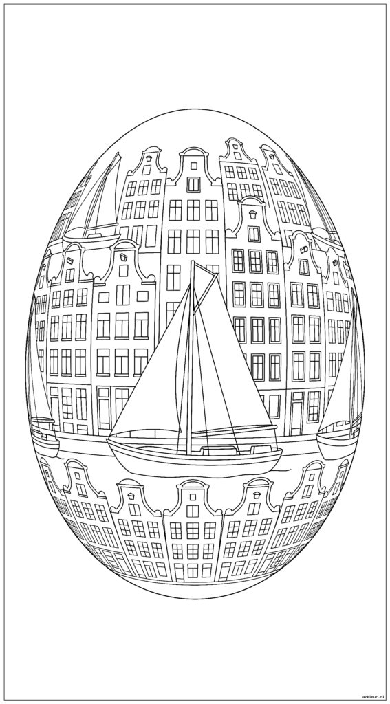 Paasei met traditionele Nederlandse grachtenpanden en zeilboot decoratief patroon