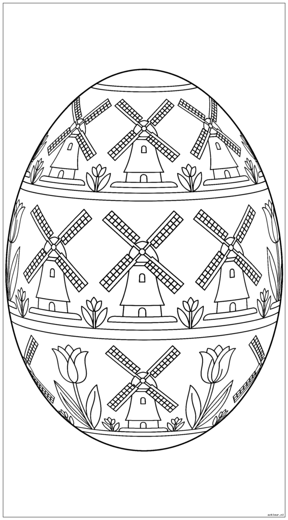 Paasei versierd met traditionele Nederlandse Delftsblauwe windmolen- en tulpenpatronen