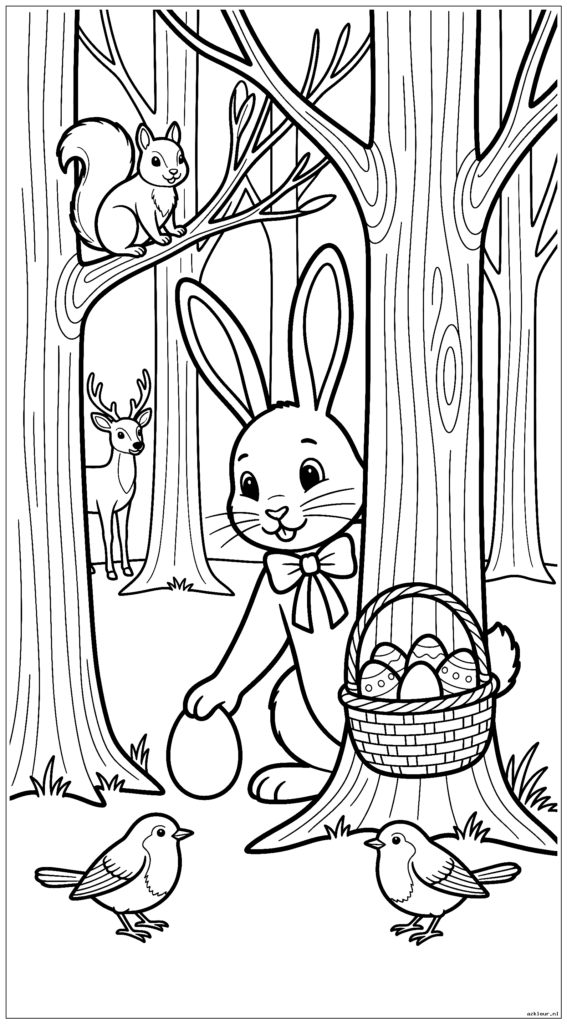 Paashaas draagt ​​een vlinderdas en draagt ​​een mand terwijl hij eieren achter bomen verbergt