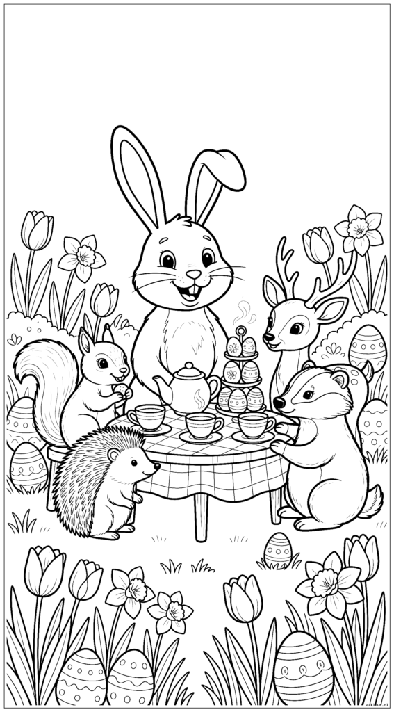 Paashaas houdt een theekransje in de tuin met andere bosdieren