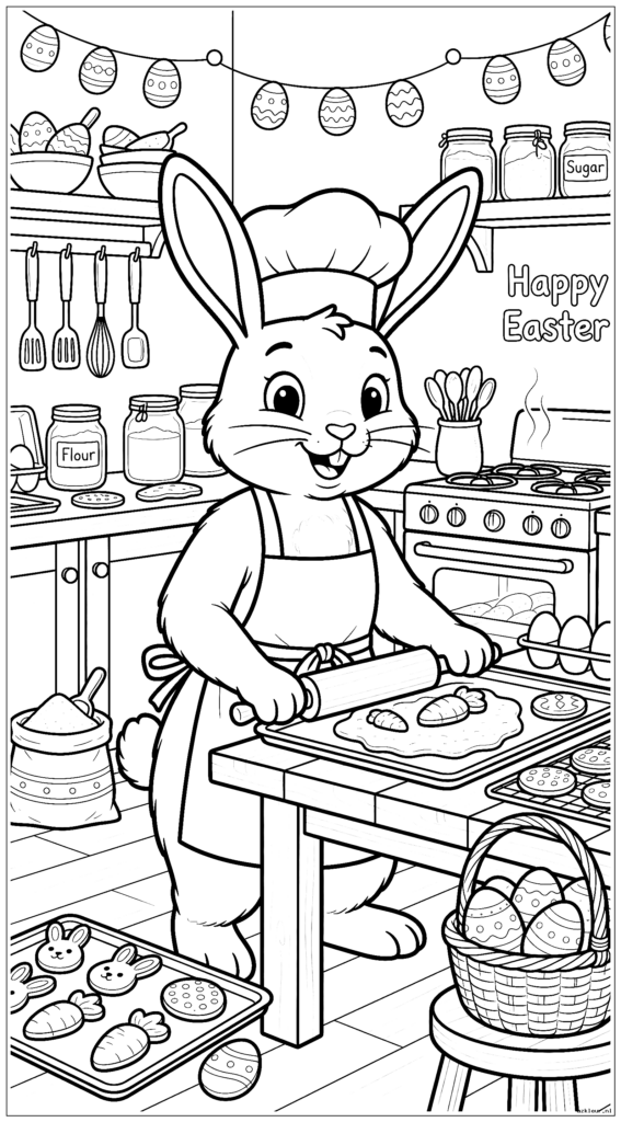 Paashaas koekjes bakken in een gezellige keuken met koksmuts en schort