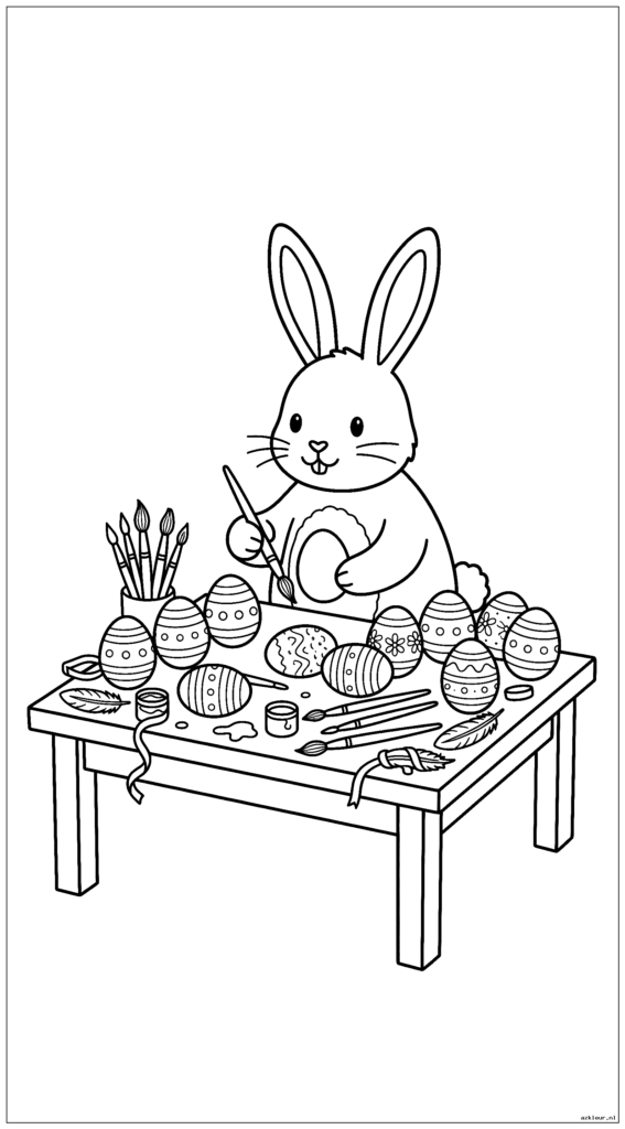 Paashaas schildert eieren aan een knutseltafel met penselen en decoraties