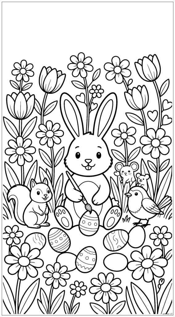 Paashaas zit in een bloementuin terwijl hij eieren versiert met penselen