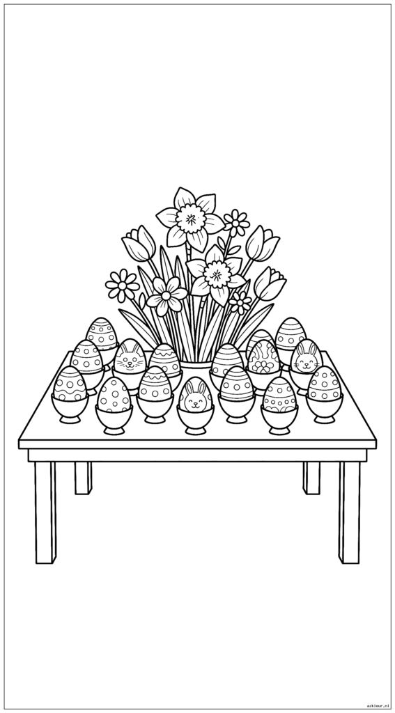 Paastafel met versierde eieren in eierdopjes en bloemstuk