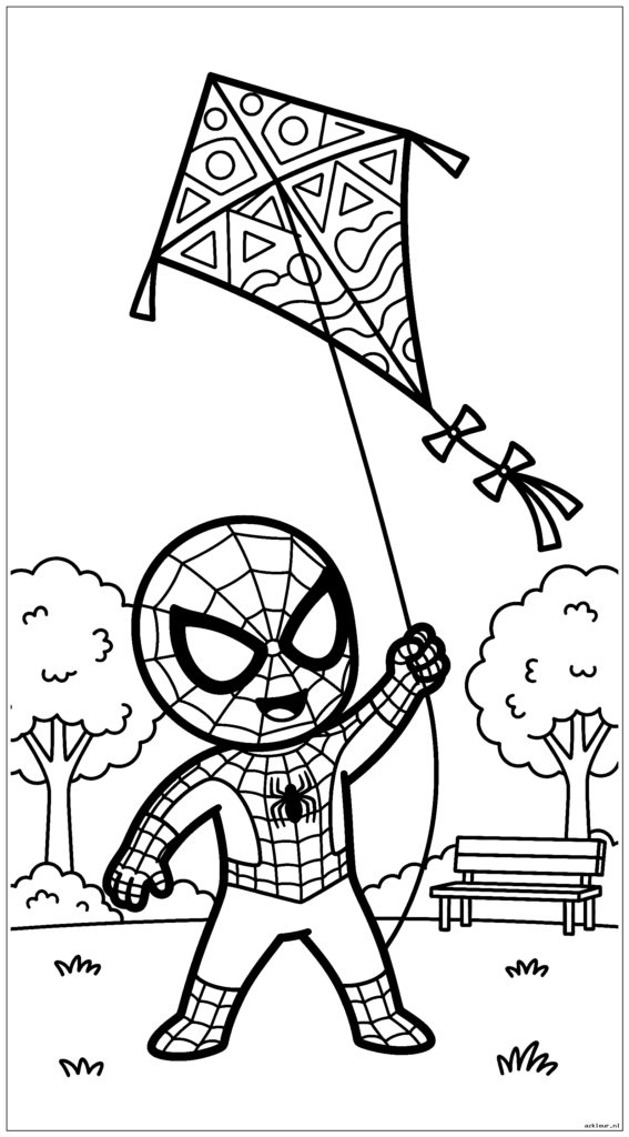 Peuter Spiderman die een kleurrijke vlieger vliegt in een park