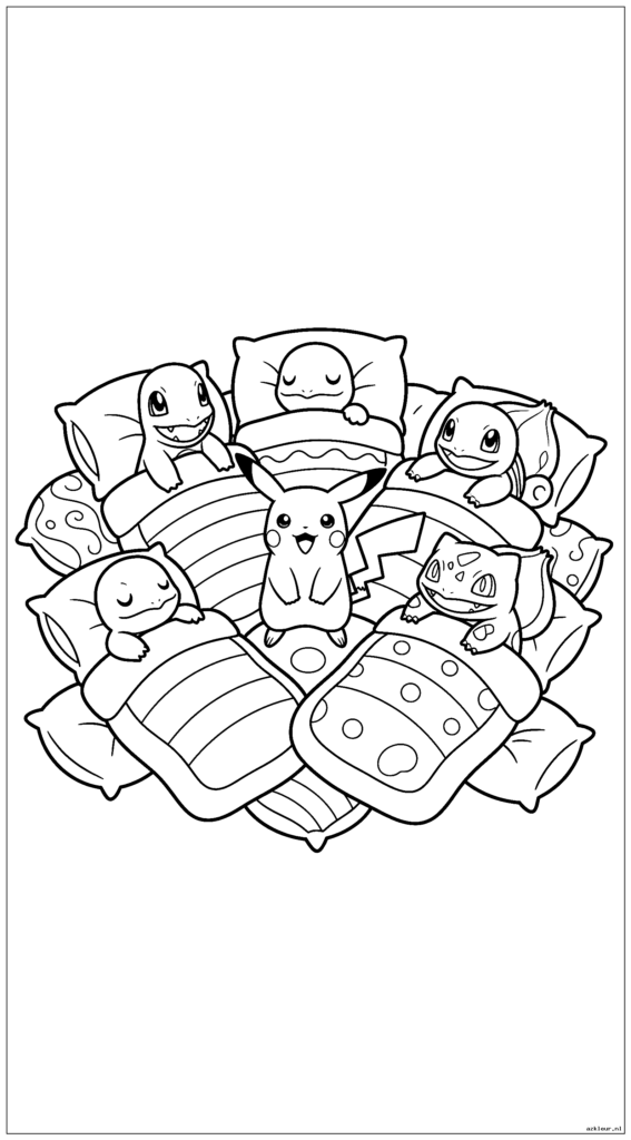 Pikachu en zijn vrienden hebben een slaapfeestje met slaapzakken en kussens