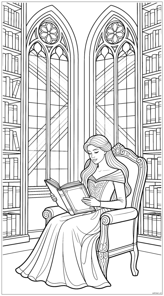Prinses leest een verhalenboek in haar kasteelbibliotheek terwijl regenbooglicht door de glas-in-loodramen stroomt