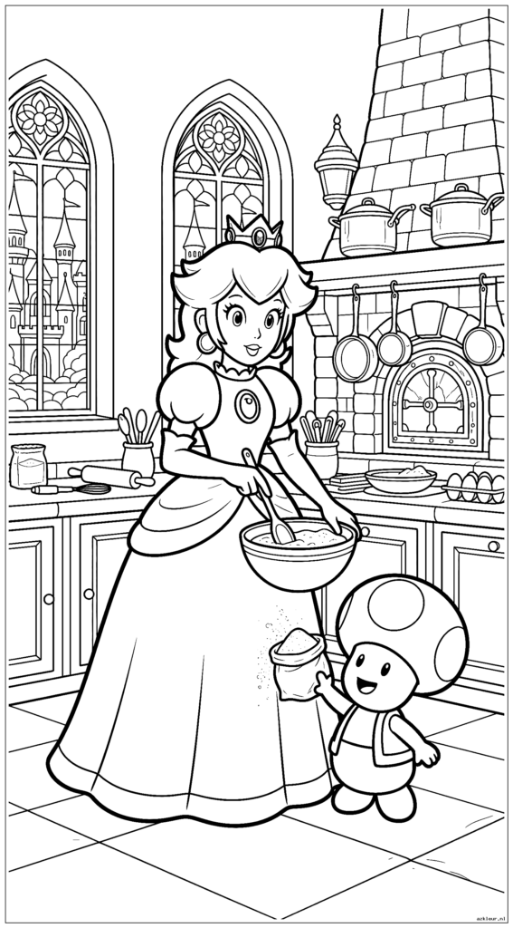 Prinses Peach bakt samen met Toad een taart in haar kasteelkeuken