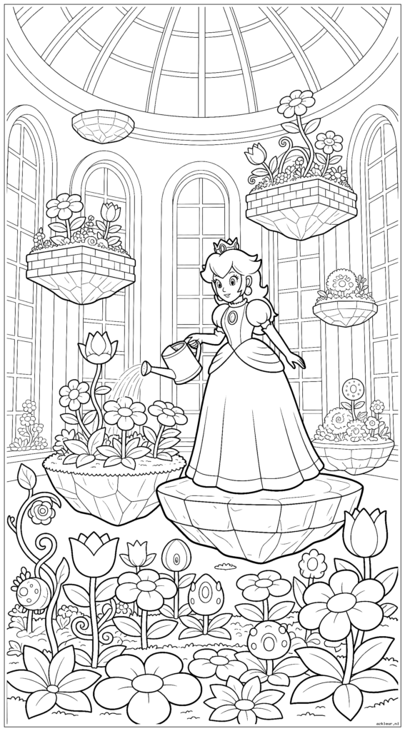 Prinses Peach besproeit haar binnentuin in de kasteelserre met drijvende platforms