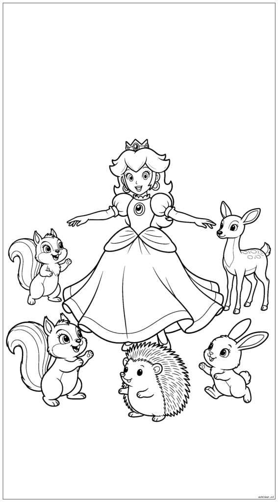 Prinses Peach danst in de balzaal met boswezens