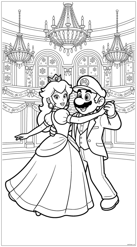 Prinses Peach danst met Mario op een groots bal