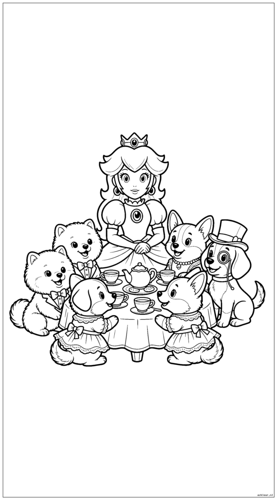 Prinses Peach houdt een koninklijk theekransje met verklede puppy's