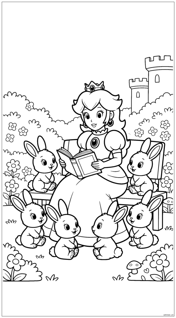 Prinses Peach leest een verhalenboek voor aan babykonijntjes in de kasteeltuin