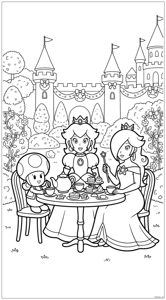Prinses Peach organiseert een koninklijk theekransje met Toadette en Rosalina in de kasteeltuin