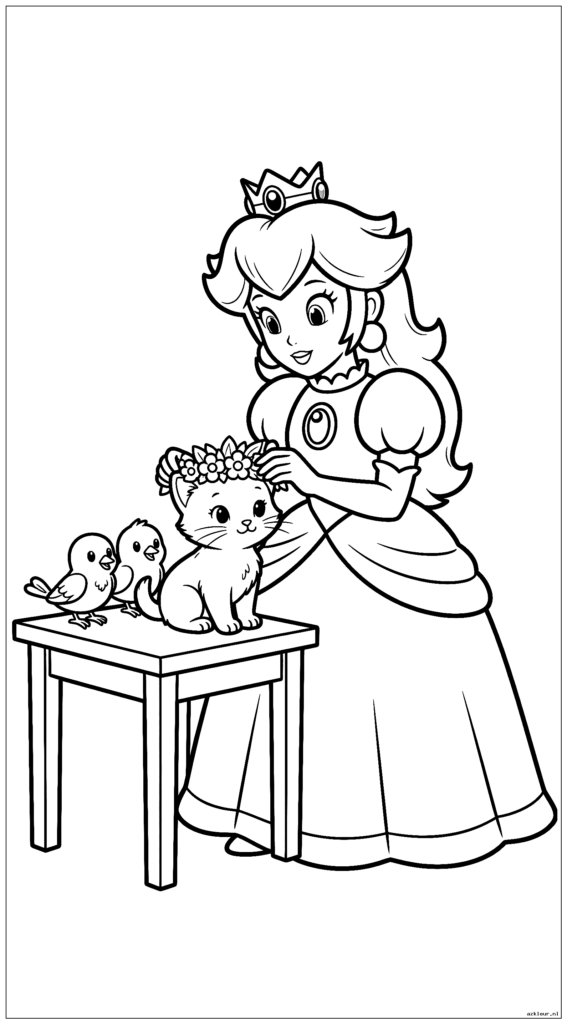 Prinses Peach plaatst zachtjes een bloemenkroon op het hoofd van een klein katje terwijl twee kleine vogels vlakbij op een tafel toekijken