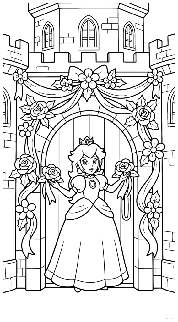 Prinses Peach versiert het kasteel van haar deur onder het kasteel met bloemen en linten voor een festival