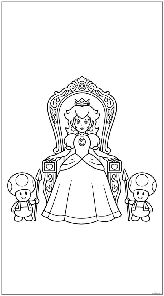 Prinses Peach zit elegant op haar koninklijke troon met Toad-bewakers naast haar