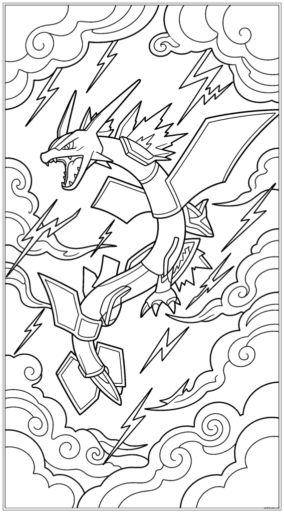 Rayquaza verandert in Mega Rayquaza terwijl hij door onweerswolken zweeft