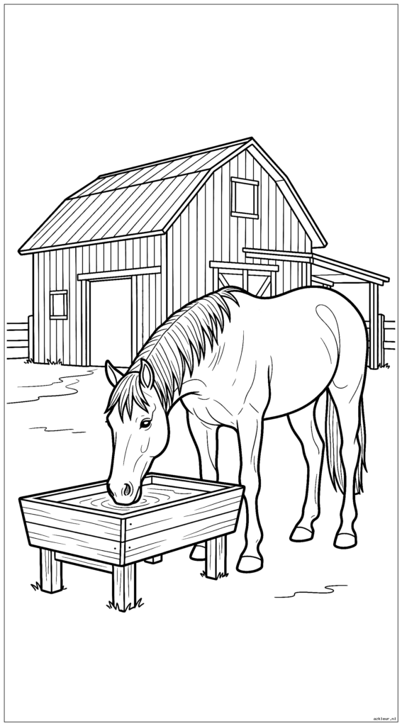 Realistisch paardendrinkwater uit een houten trog vlakbij de schuur