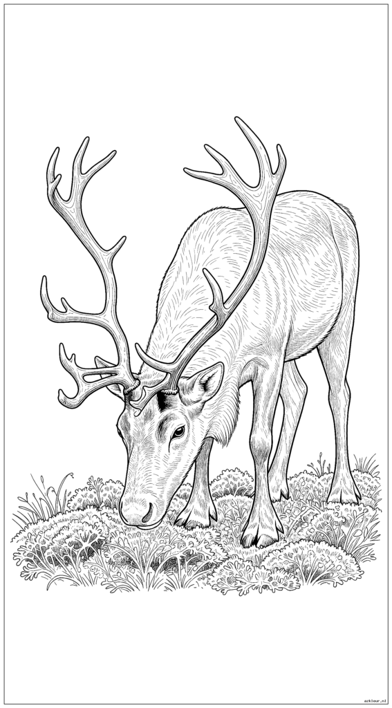 Realistisch rendier dat graast op poolmos met gedetailleerd gewei