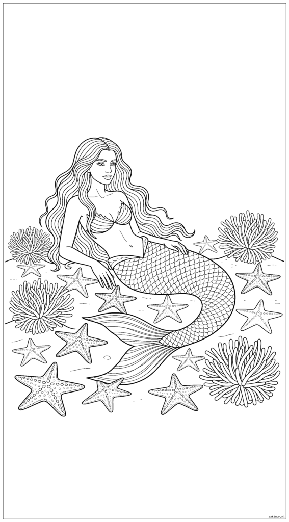 Realistische zeemeermin rustend op de oceaanbodem, omringd door nauwkeurig afgebeelde zeesterren en zeeanemonen