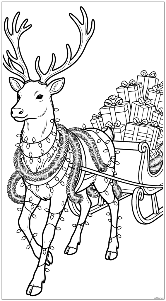 Rendieren gehuld in kerstverlichting en klatergoud die een slee vol cadeautjes trekken