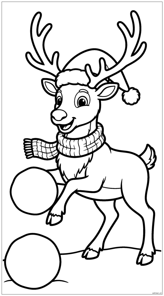 Rendieren met kerstmuts en sjaal die sneeuwballen maken