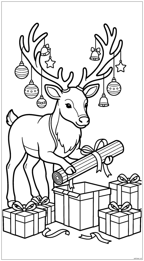 Rendieren met ornamenten die aan een gewei hangen en helpen bij het inpakken van cadeaus