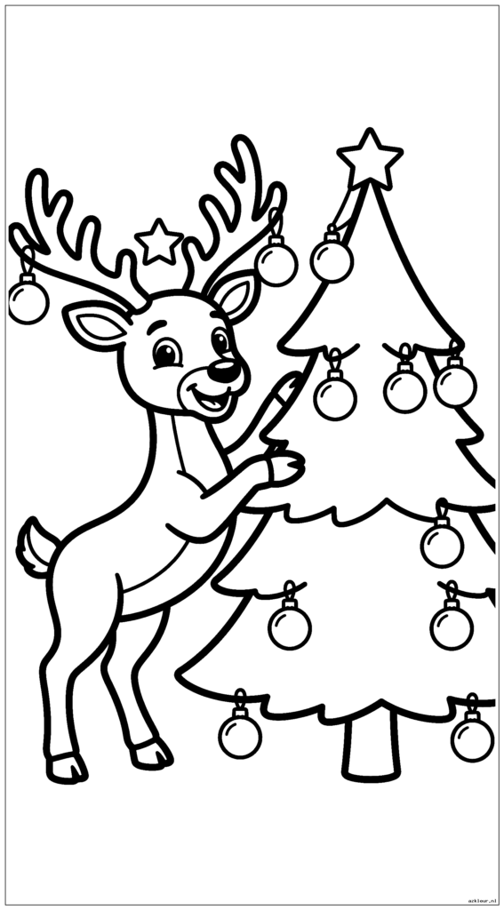 Rendieren versieren een kerstboom met versieringen met behulp van zijn gewei