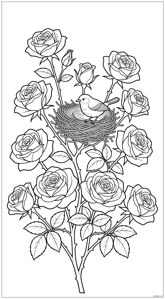 Rozenstruik met een klein vogeltje dat zijn nest bouwt tussen de bloemen